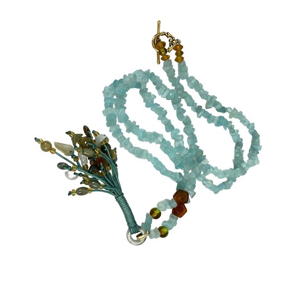 Handcrafted Blue Aquamarine Chip Bead Jade Nephrite Necklace With Tassel Multi-S - Picture 7 of 11